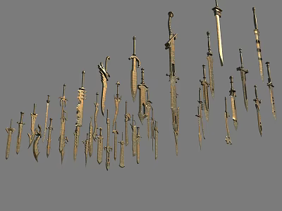 Multiple Metal Swords Hanging In Collection Display With Vertical Arrangement And Gray Background 3d model