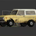 Yellow Vintage Car With Repair Tools Ladder Air Pump And Oil Drum Maintenance Scene