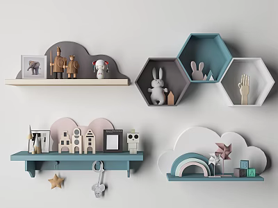 Cloud Shaped Hexagonal Wall Cabinets With Decorative Animal Toys Rainbow Blue Gray White Nursery Decor 3d model