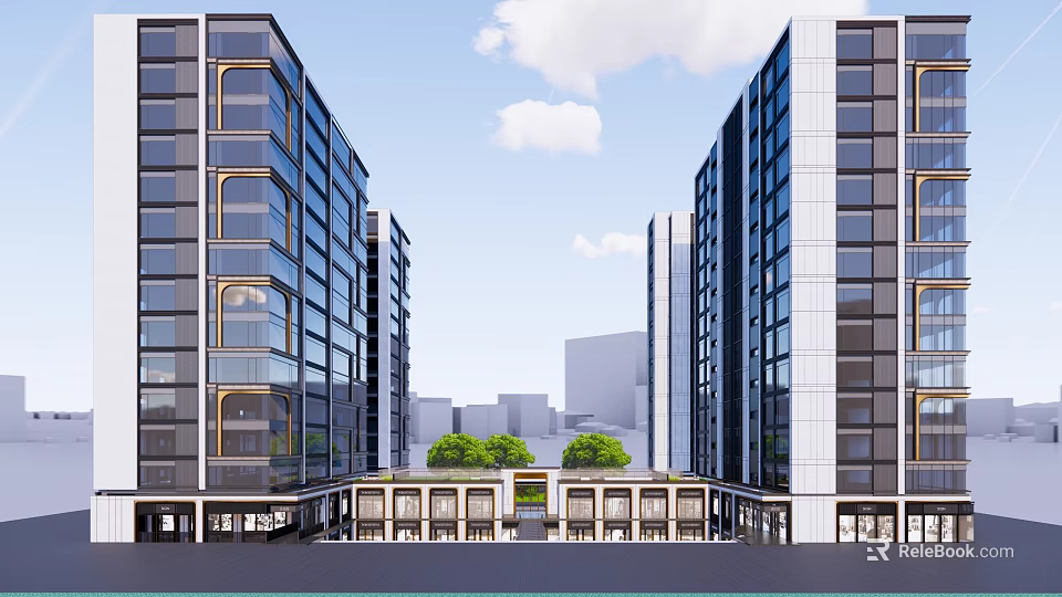 Modern Urban Architectural Complex With Glass Facades And Central Low Rise Courtyard 3d model 