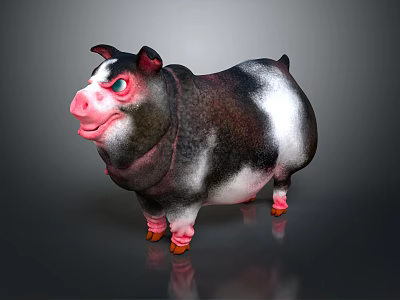 Cute 3D Cartoon Pig Character With Black White Body And Pink Hooves 3d model