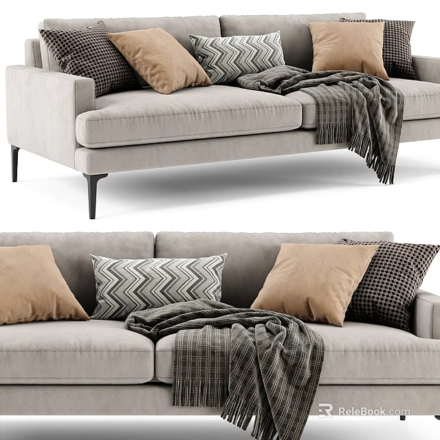 Light Gray Sectional Sofa with Brown and Patterned Pillows and Cozy Throw Blanket 3d model