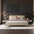 Double Bed With Beige Headboard Pillows Nightstand Table Lamp Autumn View Through Large Window