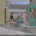 Decorative Teal Tram In Indoor Mall With Columns And Pedestrians Around