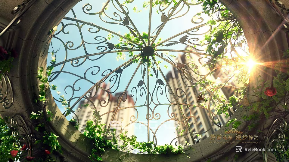 Ornate Round Iron Decoration With Green Vines And Sunlight Overlooking Tall Buildings 3d model 