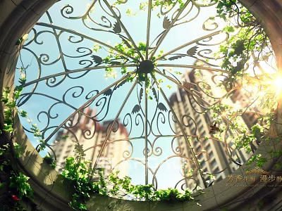 Ornate Round Iron Decoration With Green Vines And Sunlight Overlooking Tall Buildings 3d model