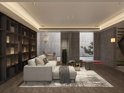 Modern Basement Interior Design With Gray Sofa Wooden Bookshelves Stone Walls And Area Rug 3d model