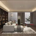 Modern Basement Interior Design With Gray Sofa Wooden Bookshelves Stone Walls And Area Rug