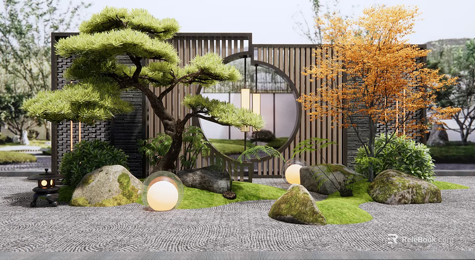 Oriental Feature Wall with Circular Window Pine Tree Rocks and Globular Lanterns in Landscaped Garden 3d model 