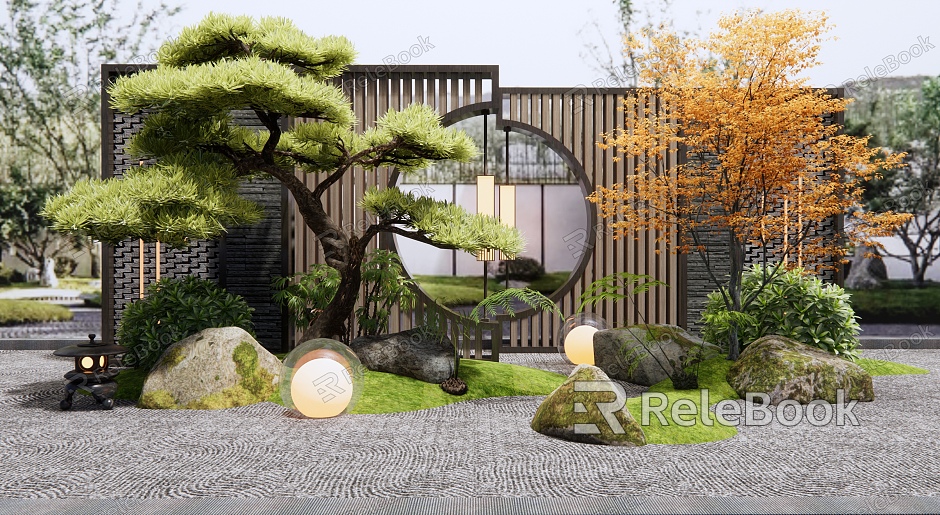 New Chinese style landscape wall courtyard landscape sketch stone pine plant combination landscape model