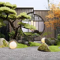 Oriental Feature Wall with Circular Window Pine Tree Rocks and Globular Lanterns in Landscaped Garden