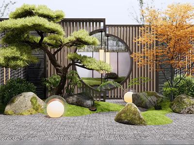 Oriental Feature Wall with Circular Window Pine Tree Rocks and Globular Lanterns in Landscaped Garden 3d model