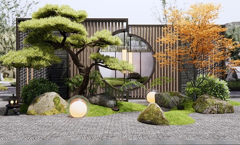 New Chinese style landscape wall courtyard landscape sketch stone pine plant combination landscape 3d model