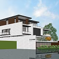 Modern Detached Villa With Large Glass Windows Surrounded By Lush Green Trees And Water Reflection