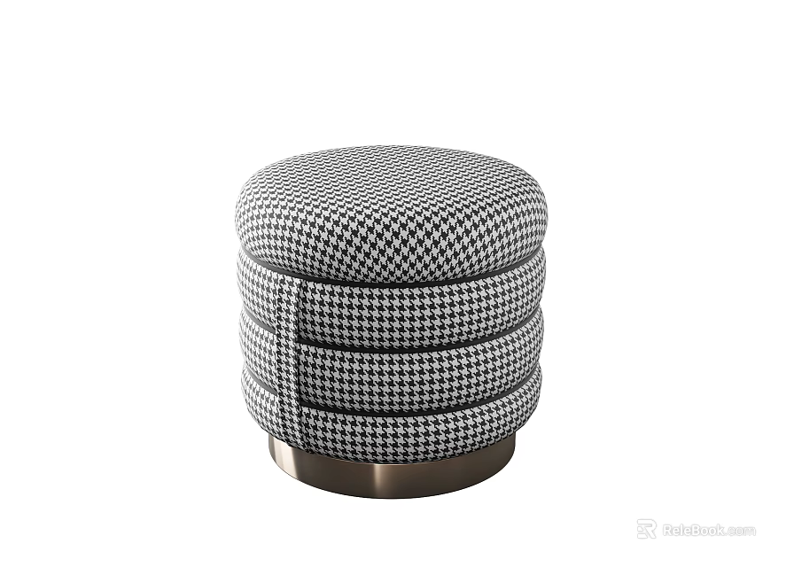 Modern Round Sofa Stool With Houndstooth Pattern And Metal Base 3d model 