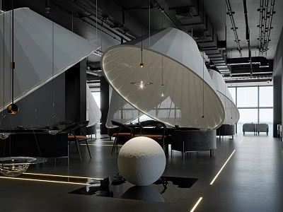 Modern Hot Pot Restaurant Interior With Unique Hanging Shades And Spherical Decor 3d model