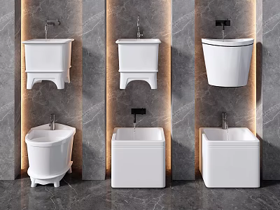 Bathroom White Washbasins With Various Contemporary Designs On Gray Wall 3d model