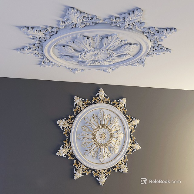 Elegant Ornate Ceiling Medallion With Intricate Floral Design Gold Trim And White Details 3d model 