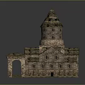 Historic Traditional Stone Building with Pointed Tower Arch Windows and Classic Roof Design