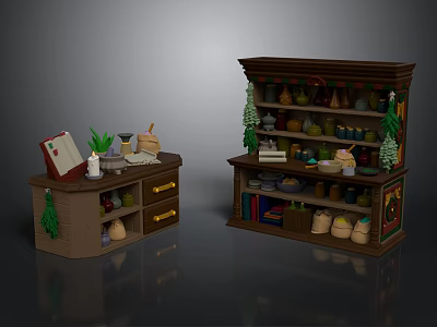 Wooden Kitchen Storage Cabinets And Shelves With Decorative Bottles Jars Books Plants 3d model