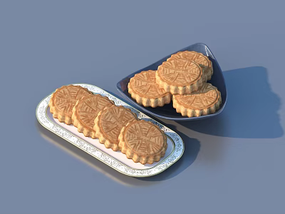 Delicious Mooncakes Arranged On White Rectangular And Blue Triangular Plates 3d model