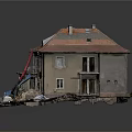 Beige House With Red Tile Roof Under Renovation Featuring Scaffolding Debris And Blue Tarpaulin