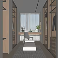 Modern Walk-in Closet with Wooden Cabinets Glass Doors Desk Window Curtains and Bench