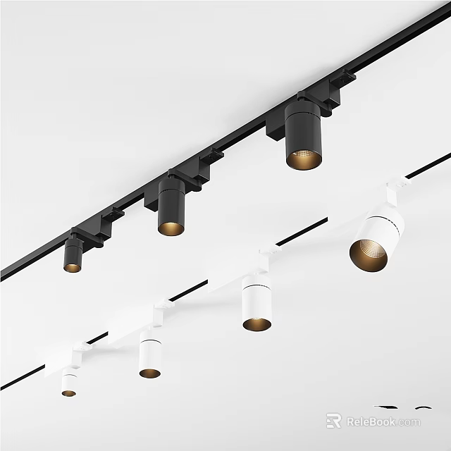 Modern Downlights And Spotlights On Black And White Ceiling Mounted Track With Golden Lamp Heads 3d model 