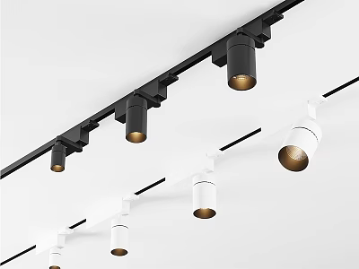 Modern Downlights And Spotlights On Black And White Ceiling Mounted Track With Golden Lamp Heads 3d model
