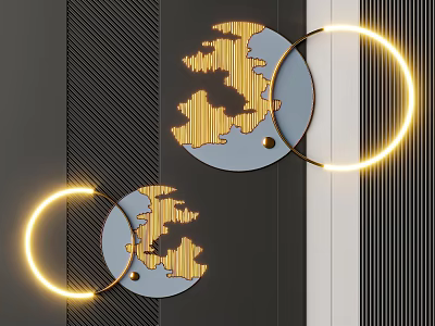 Modern Gold Abstract Wall Decor With Illuminated Rings On Dark Striped Wall 3d model