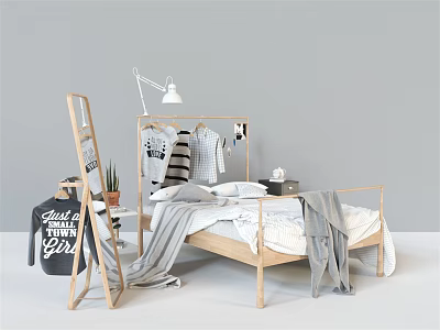 Modern Wooden Double Bed With Gray Blanket White Pillows Floor Lamp And Clothes Rack 3d model