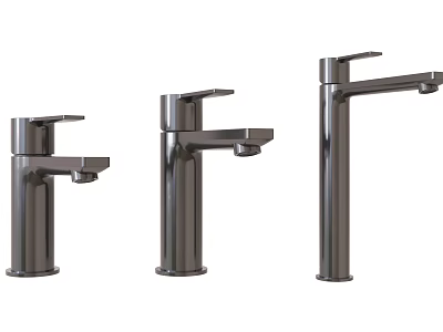 Three Modern Silver Single Handle Tall Metallic Bathroom Faucets Set Design 3d model