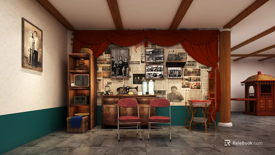 Vintage Room Decor With Old Photo Wall Red Chairs Sewing Machine And Radio 3d model 