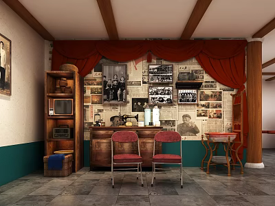 Vintage Room Decor With Old Photo Wall Red Chairs Sewing Machine And Radio 3d model