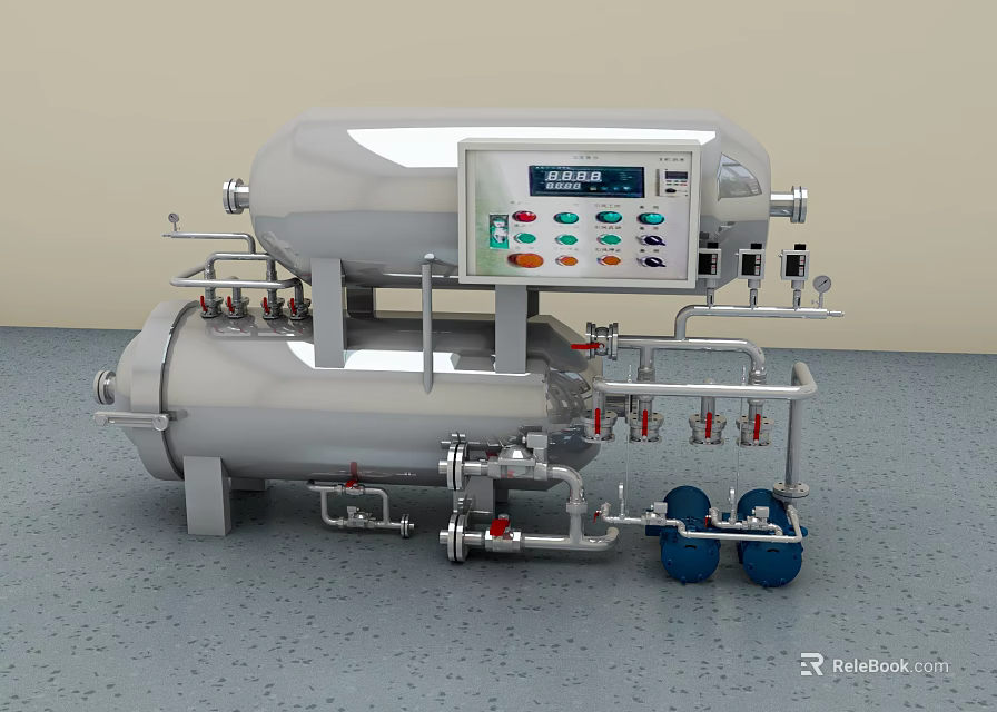 Heavy Duty Stainless Steel Industrial Equipment With Control Panel Pipes And Valves 3d model 
