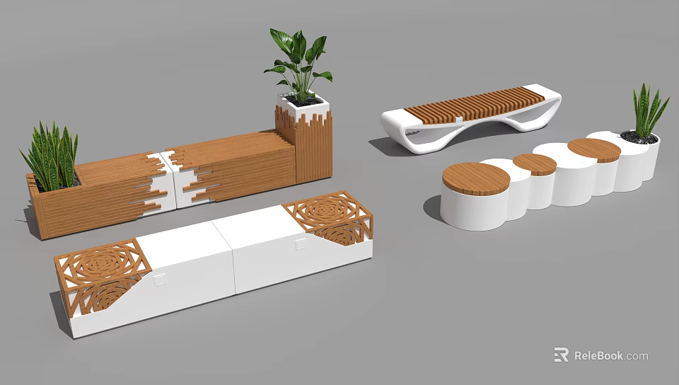 Modern Public Chairs Wooden And White Design With Woven Texture And Decorative Plant 3d model 