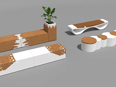 Modern Public Chairs Wooden And White Design With Woven Texture And Decorative Plant 3d model
