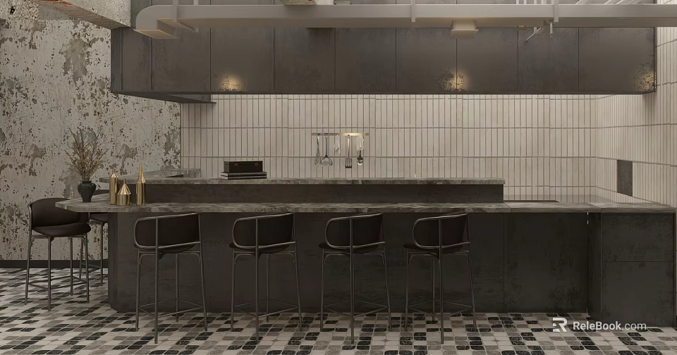 Modern Restaurant Interior With Bar Counter Black Stools Tiled Backsplash And Geometric Floor Tiles 3d model 