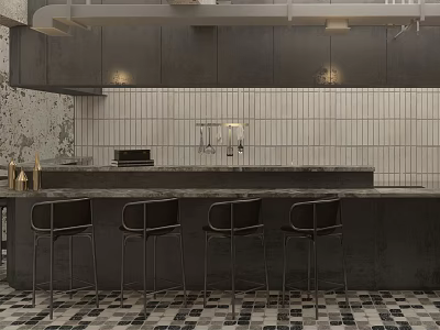 Modern Restaurant Interior With Bar Counter Black Stools Tiled Backsplash And Geometric Floor Tiles 3d model