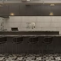 Modern Restaurant Interior With Bar Counter Black Stools Tiled Backsplash And Geometric Floor Tiles