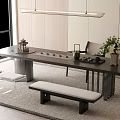 Modern Tea Table Set With Dark Tabletop Metal Frame Bench And Tea Set 3d model