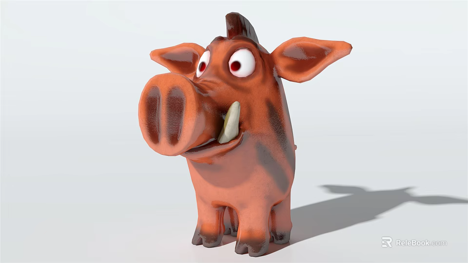 Plush Pig Toy Doll With Big Nose Large Eyes Sharp Tusks And Brown Stripes 3d model 