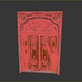 Ancient Wooden Door Featuring Intricate Carvings and Arched Top Against Dark Background