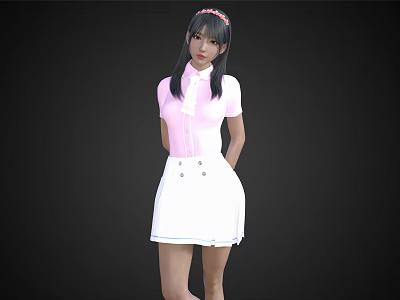 Woman with Pink Top White Skirt Twin Ponytails and Red Hair Accessory on Black Background 3d model