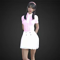 Woman with Pink Top White Skirt Twin Ponytails and Red Hair Accessory on Black Background
