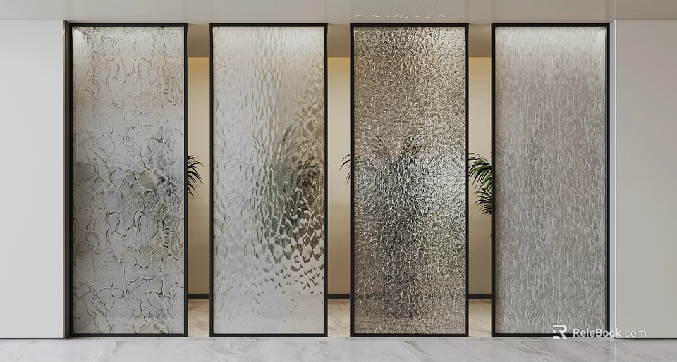 Modern Textured Glass Room Dividers With Black Frames For Interior Design 3d model 