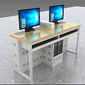 Computer Desk with Two Monitors Wooden Tabletop White Frame and Storage Cabinets 3d model