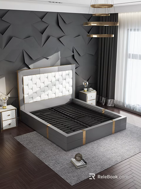 Modern Double Bed with White Geometric Headboard Gold Trim Gray Frame and Nightstands 3d model 