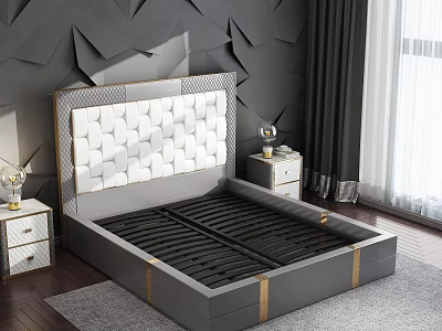 Modern Double Bed with White Geometric Headboard Gold Trim Gray Frame and Nightstands 3d model