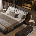 Modern Bedroom Interior With Platform Bed Pillows Wooden Nightstand Lamp Area Rug And Armchair